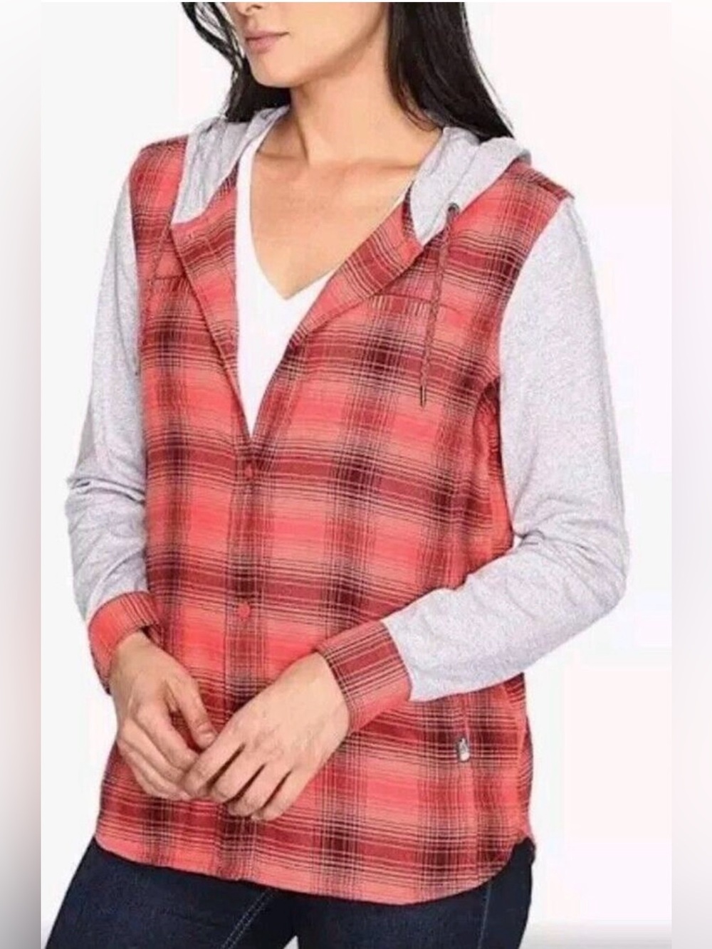 The North Face Red Plaid Hooded Button-Down Gray Long Sleeves L EUC Outdoors
